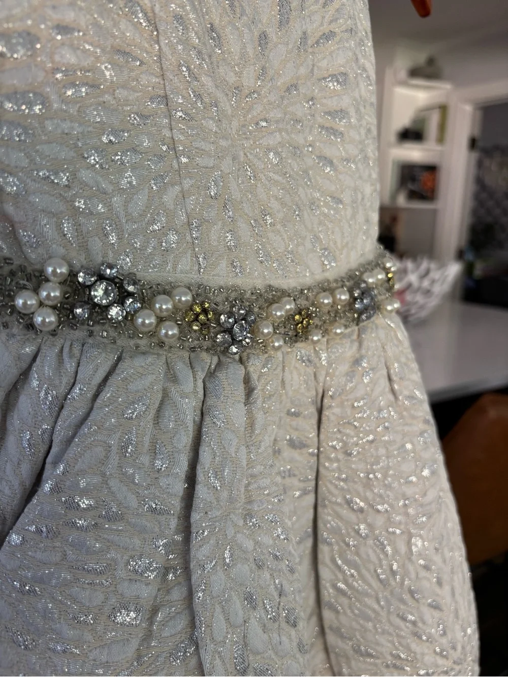 Girls Silver Metallic Floral Embroidered Dress